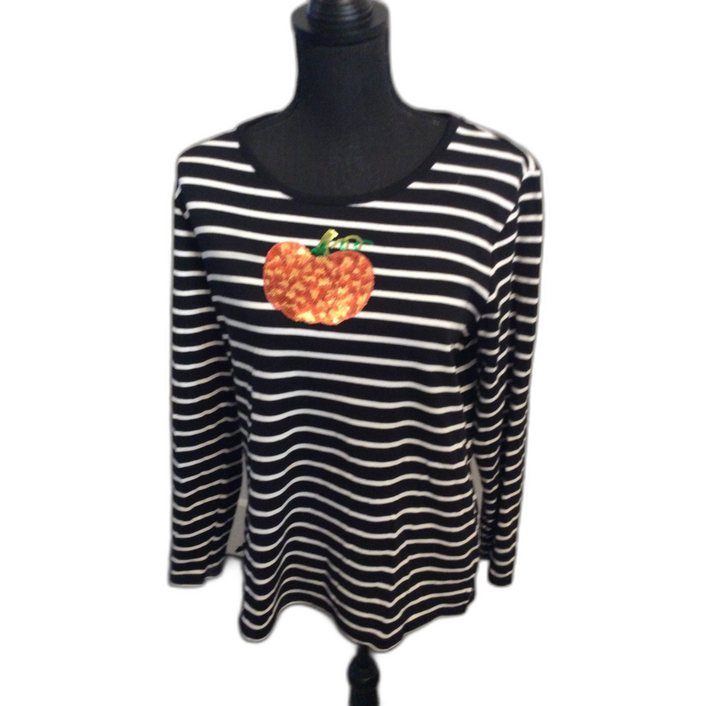 Quacker Factory Fall Halloween Bling Pumpkin Striped Top Medium M Vintage